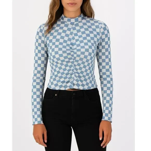 Storia Checkered Silky Long Sleeve Mock Neck Cinched Cropped Top Size Small NWOT - Picture 1 of 8